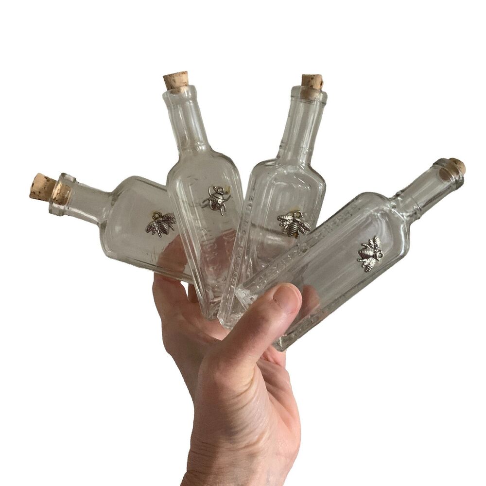 Set of 4 Embellished Glass Apothecary Bottles with Bumblebee Charms & Corks